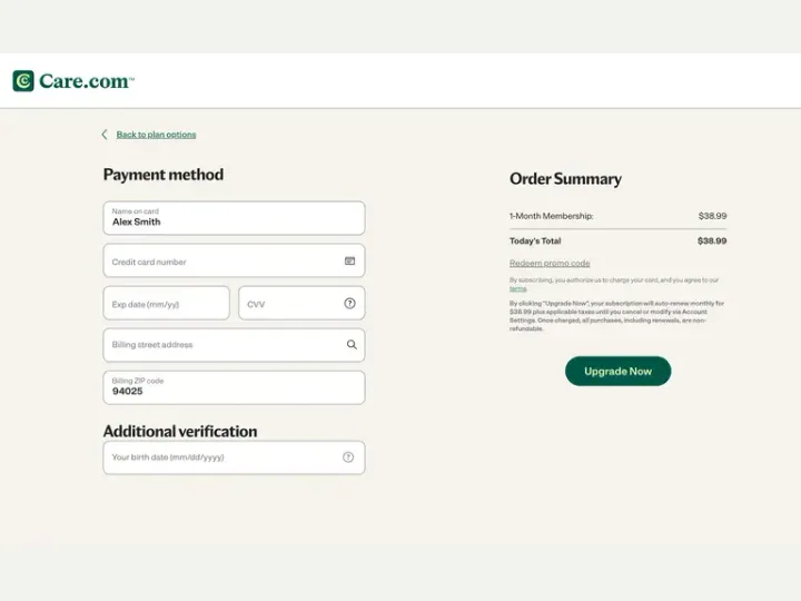 Care.com interface reference