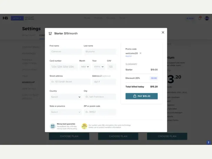 HoneyBook interface reference