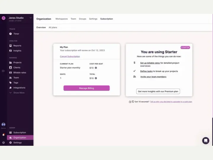 Toggl Track interface reference