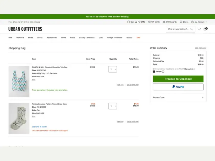 Urban Outfitters interface reference