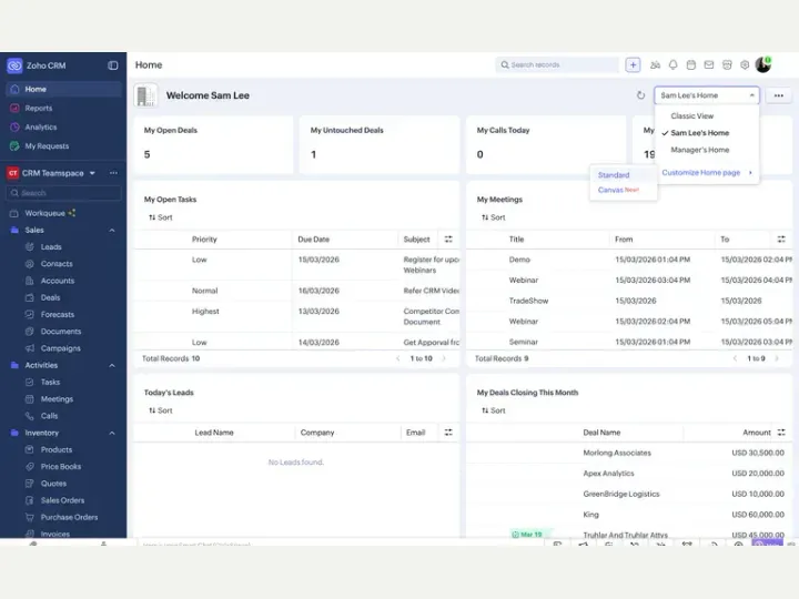 Zoho CRM interface reference